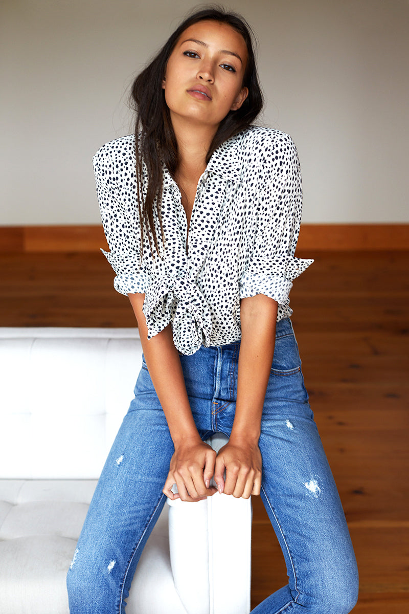 Ribbons Blouse - Black + white cheetah