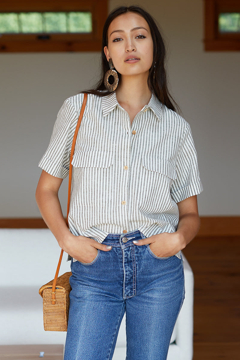 Short Sleeve Utility Shirt - Juniper Stripe Linen