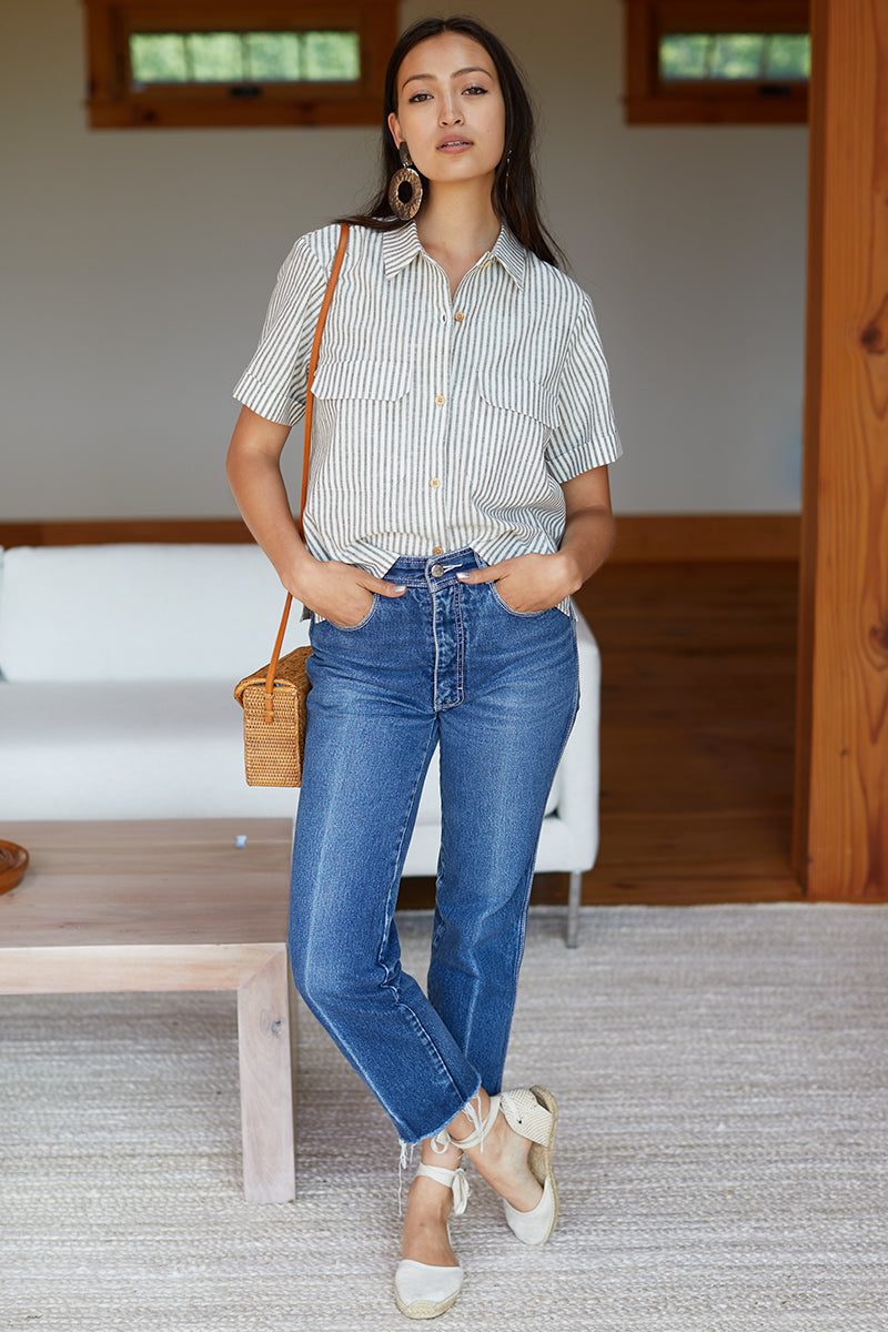 Short Sleeve Utility Shirt - Juniper Stripe Linen