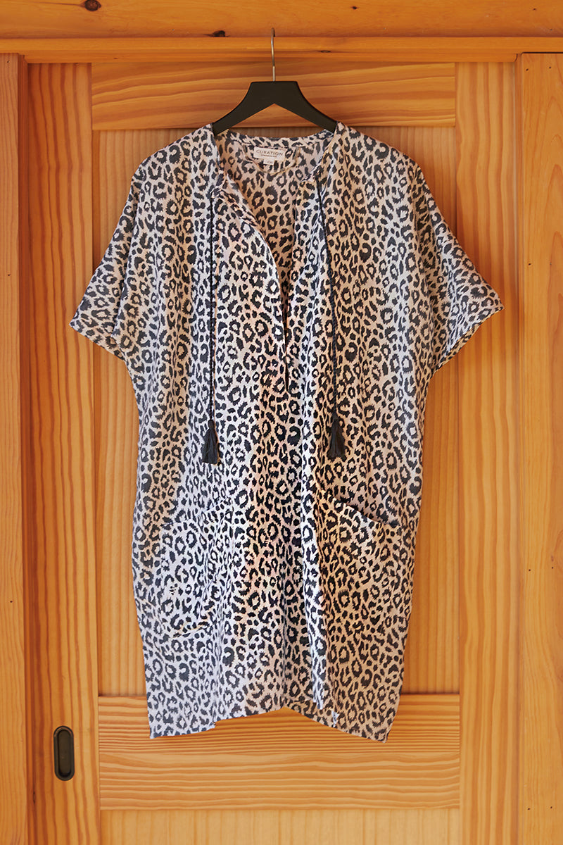 Organic Linen Caftan - Charcoal Leopard