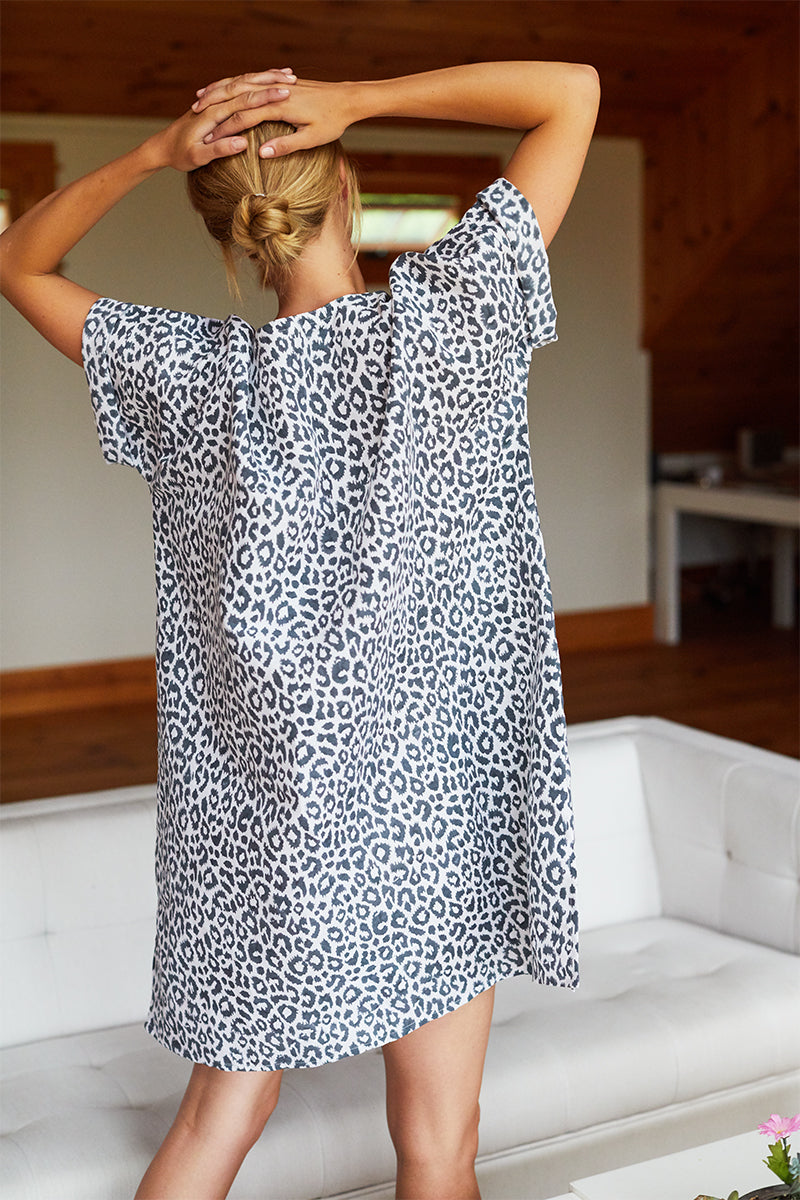 Organic Linen Caftan - Charcoal Leopard