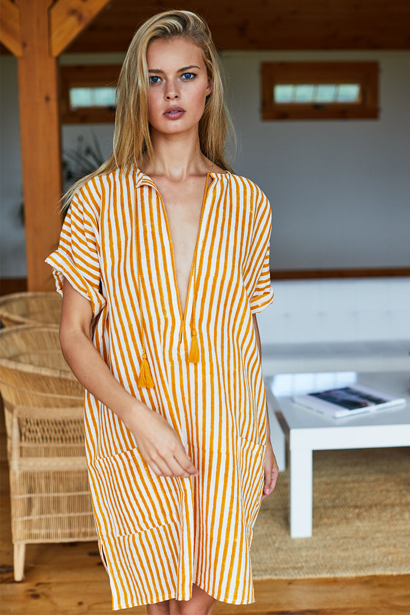 Organic Linen Caftan - Marigold Stripe