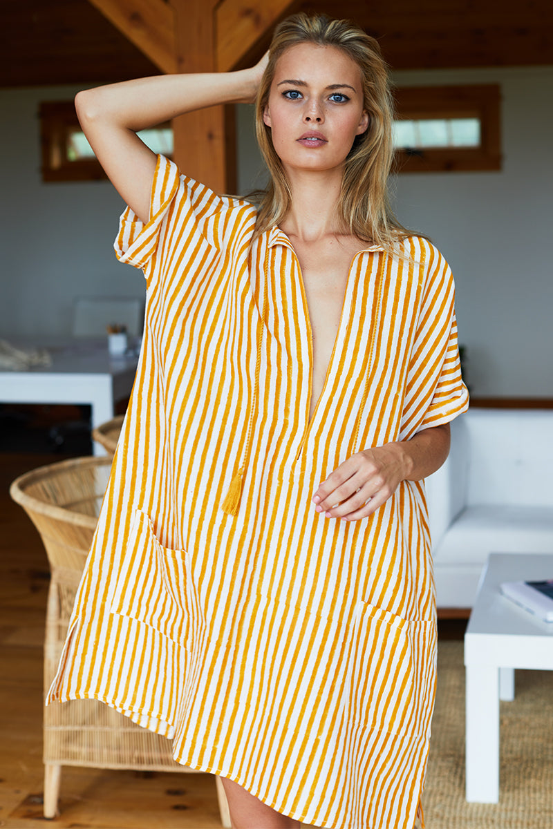 Organic Linen Caftan - Marigold Stripe