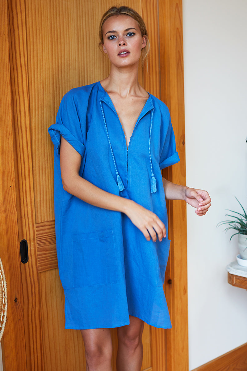Organic Linen Caftan - Marina Blue