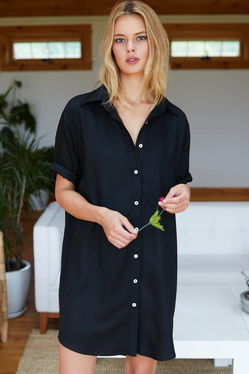 Short Sleeve Shirtdress - Black Tencel
