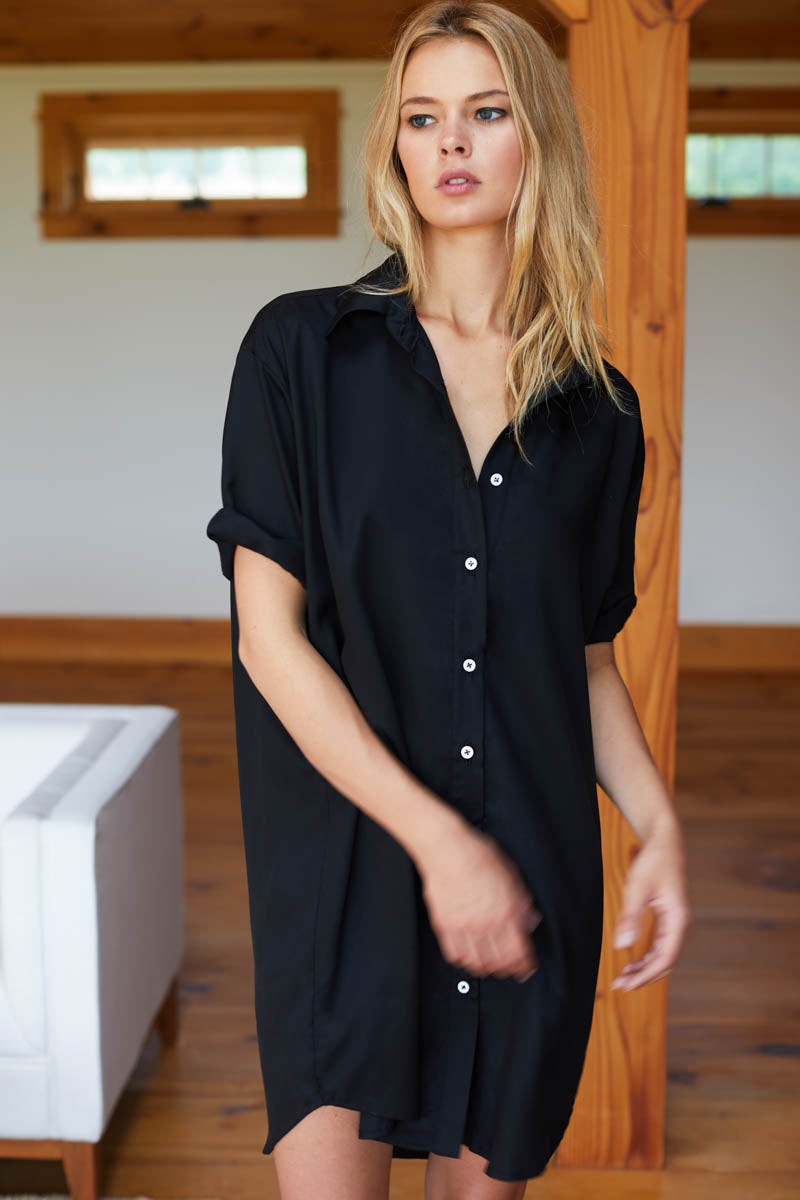 Short Sleeve Shirtdress - Black Tencel