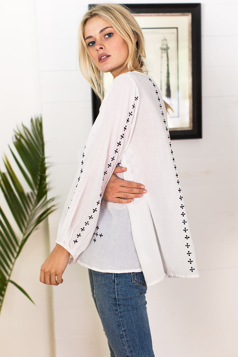 Bardot Top - Embroidered Cloud White Organic