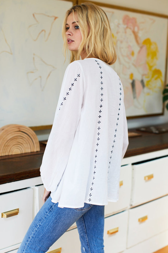 Bardot Top - Embroidered Cloud White Organic