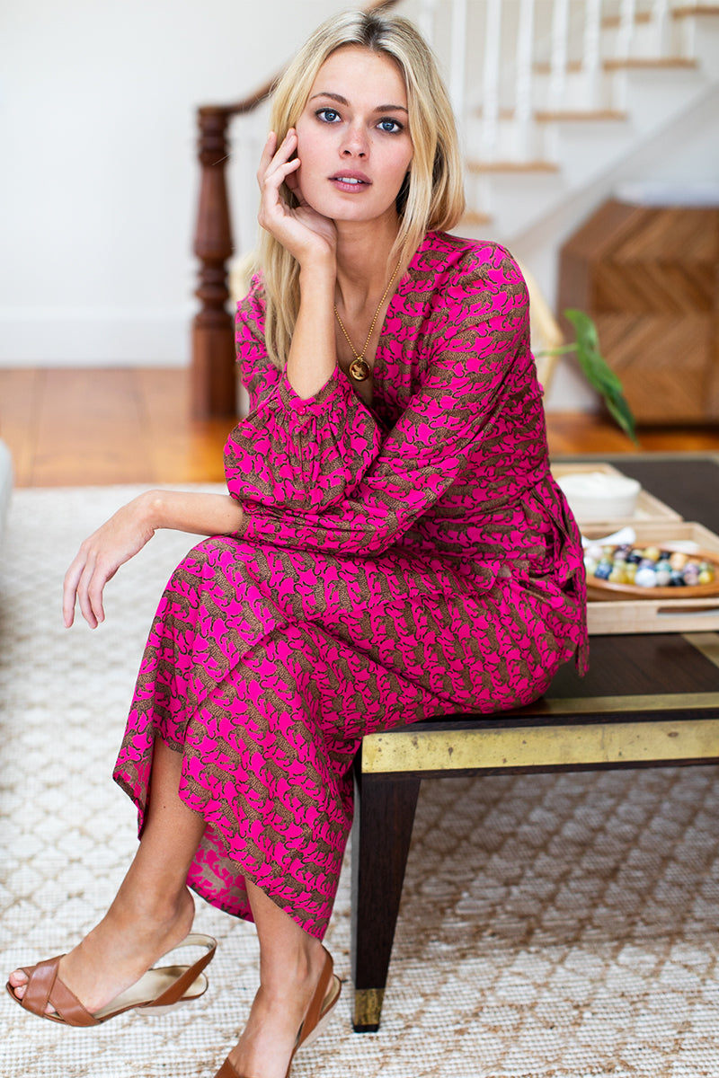Bishop Sleeve Dress - Pink Walking Cheetah