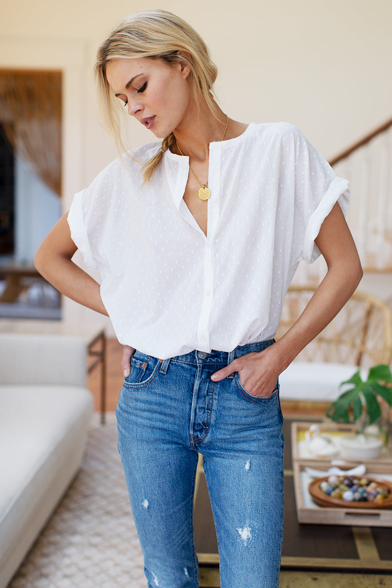 India Button Down 2 - Ivory Swiss Dot Organic