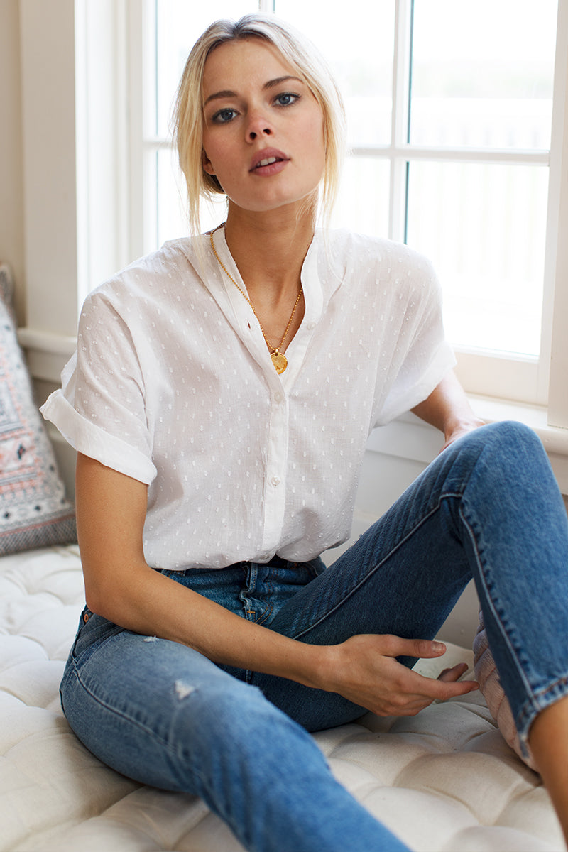 India Button Down 2 - Ivory Swiss Dot Organic