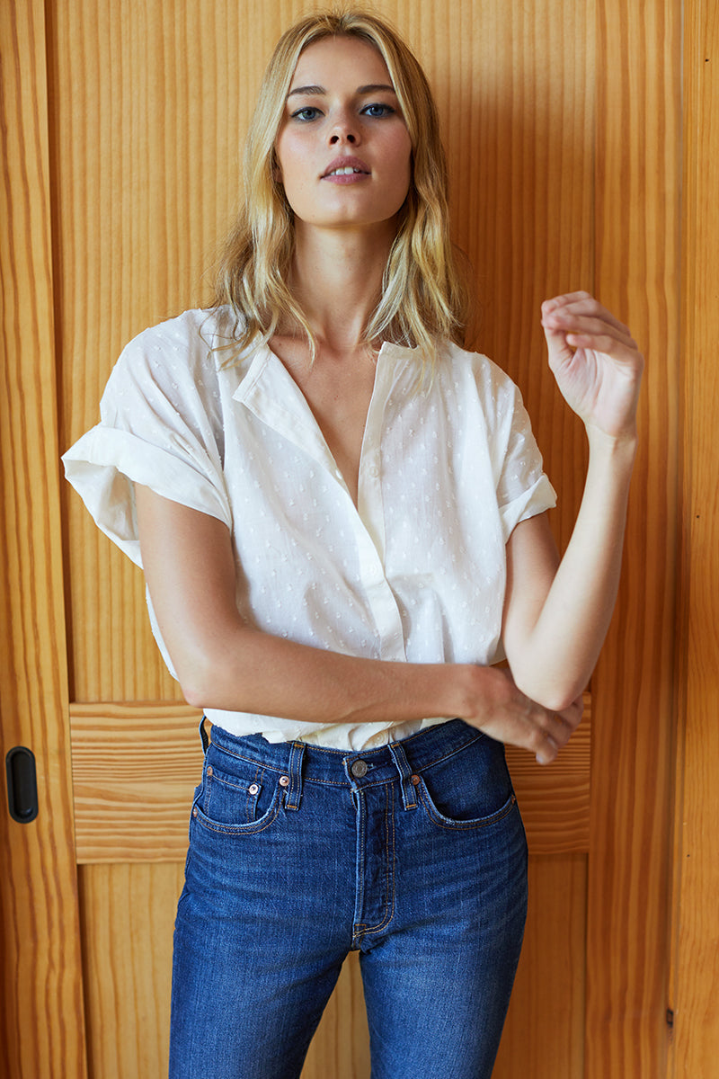 India Button Down 2 - Ivory Swiss Dot Organic