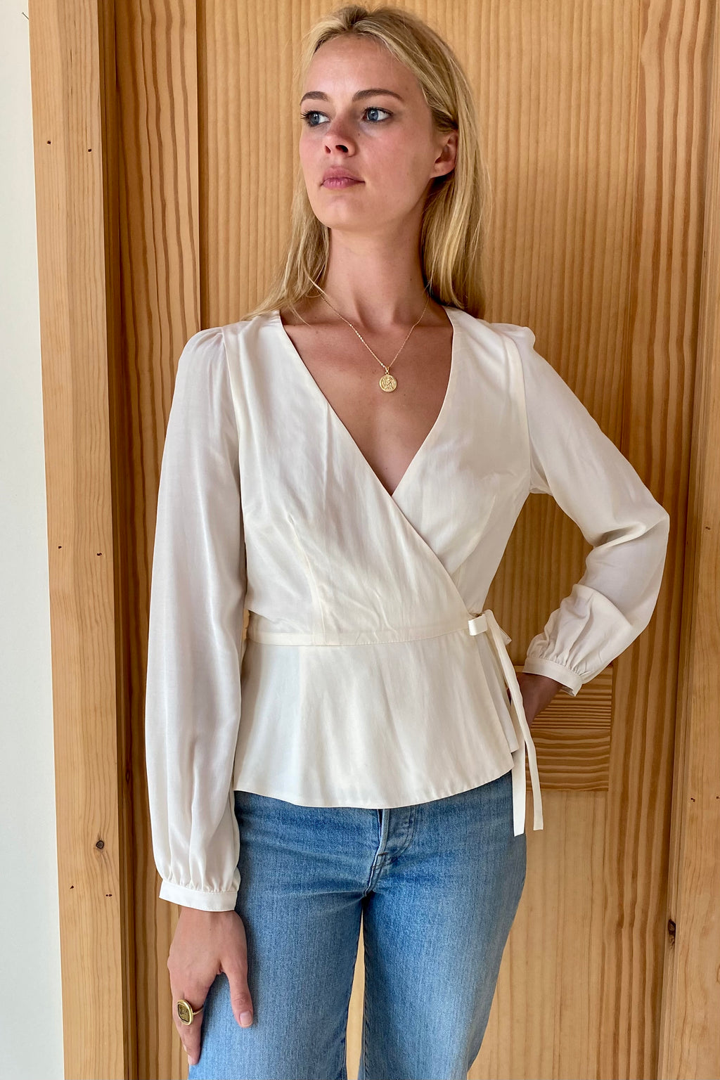 Lou Long Sleeve Wrap Top - Pearled Ivory